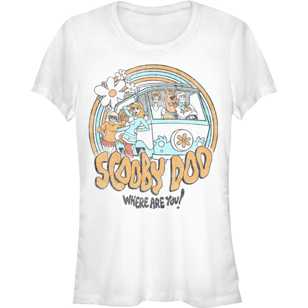 White Scooby-Doo graphic t-shirt featuring the Mystery Machine and the classic Scooby gang in retro vintage style
