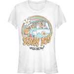 White Scooby-Doo graphic t-shirt featuring the Mystery Machine and the classic Scooby gang in retro vintage style
