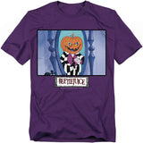 A purple t-shirt featuring Beetlejuice from the animated series. The design shows Beetlejuice with a carved pumpkin head, wearing his iconic black-and-white striped suit and purple shirt, standing in front of a tall mirror with a mischievous grin. The Beetlejuice logo is displayed below in a distressed white box.