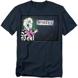A navy blue t-shirt featuring Beetlejuice from the animated series. The design shows him with exaggerated facial features, sticking out his long green tongue while holding a small bug-like creature. He wears his iconic black-and-white striped suit with a purple shirt. The Beetlejuice logo is displayed to the right in a distressed frame.