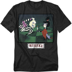 A black t-shirt featuring a colorful print from the Beetlejuice animated series. The artwork shows Beetlejuice crouched playfully in his black-and-white striped suit, grinning at Lydia Deetz. Lydia, wearing her red spiderweb poncho, holds a lit candle while giving a sly smile. The Beetlejuice logo appears below the image in a distressed white box with red lettering.