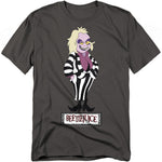 A charcoal gray t-shirt featuring a cartoon version of Beetlejuice from the animated series. He is drawn with pale purple skin, yellow eyes, and messy blonde hair. Beetlejuice wears his iconic black and white striped suit with a purple shirt and red tie, standing confidently with his hands in his pockets. Below him is the word "Beetlejuice" in a distressed black and red logo.