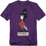 Purple t-shirt featuring Lydia Deetz from the animated Beetlejuice series, with her signature spiderweb poncho and the Beetlejuice logo below.