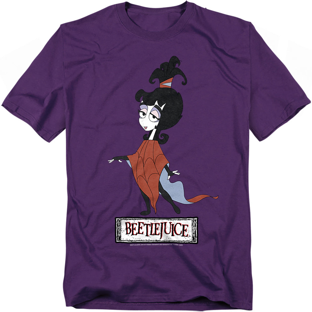 Purple t-shirt featuring Lydia Deetz from the animated Beetlejuice series, with her signature spiderweb poncho and the Beetlejuice logo below.