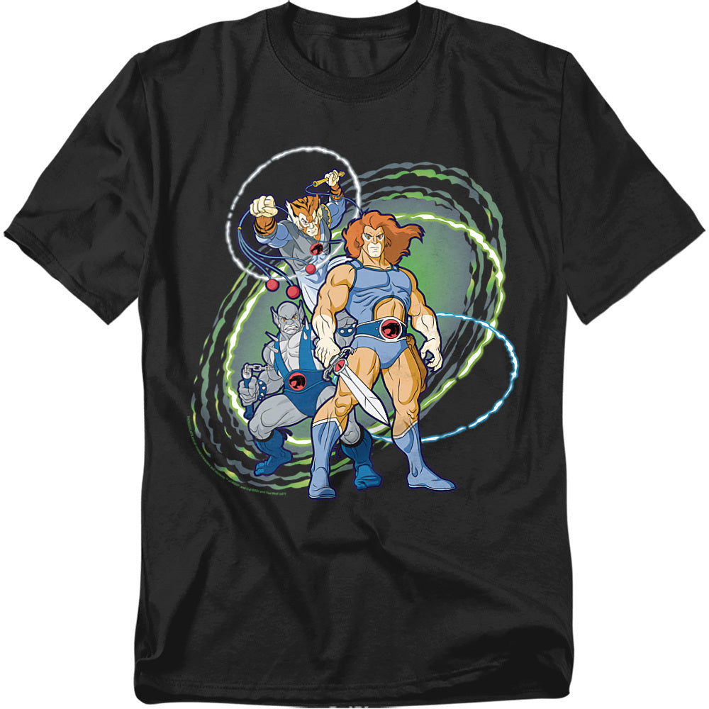 Black t-shirt featuring Lion-O, Tygra, and Panthro from Thundercats, with neon-colored rings swirling around them.