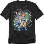 Black t-shirt featuring Lion-O, Tygra, and Panthro from Thundercats, with neon-colored rings swirling around them.