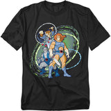 Black t-shirt featuring Lion-O, Tygra, and Panthro from Thundercats, with neon-colored rings swirling around them.