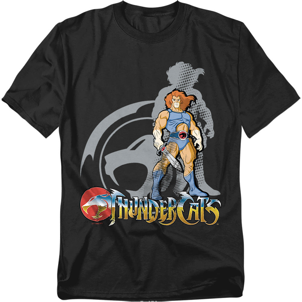 Black t-shirt with Thundercats character Lion-O holding the Sword of Omens, standing in front of a gray Thundercats emblem logo with “Thundercats” text below.