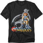 Black t-shirt with Thundercats character Lion-O holding the Sword of Omens, standing in front of a gray Thundercats emblem logo with “Thundercats” text below.