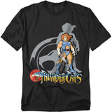Black t-shirt with Thundercats character Lion-O holding the Sword of Omens, standing in front of a gray Thundercats emblem logo with “Thundercats” text below.