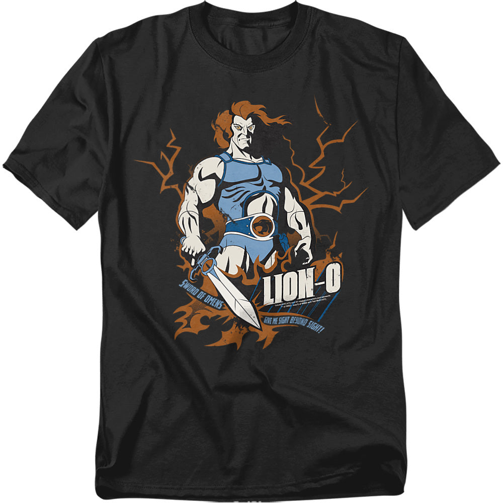 Black t-shirt featuring Thundercats character Lion-O holding the Sword of Omens with lightning graphics and text “Sight Beyond Sight.”
