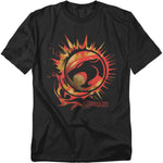 Black t-shirt featuring the ThunderCats logo in a fiery red and gold distressed design, with sharp flame-like edges radiating around the iconic cat emblem.