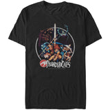 ThunderCats heroes and villains group t-shirt featuring Lion-O and classic 1980s cartoon characters on black