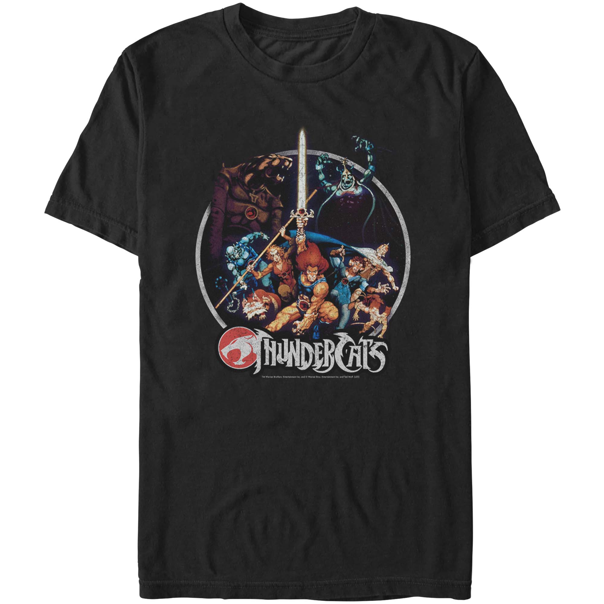 ThunderCats heroes and villains group t-shirt featuring Lion-O and classic 1980s cartoon characters on black