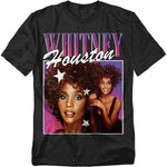 Black Whitney Houston T-shirt featuring two vibrant portraits of the singer with pink and purple tones and her name in bold retro lettering.