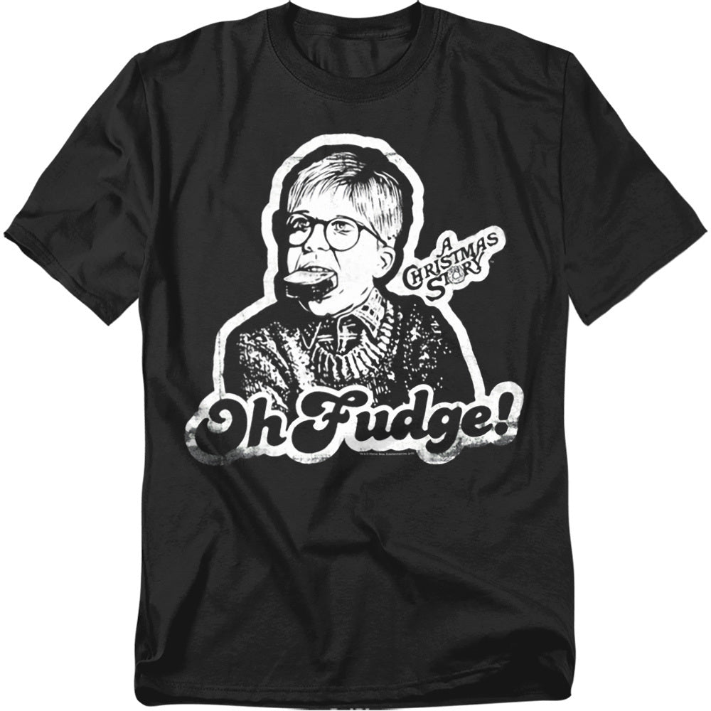 Black T-shirt featuring Ralphie from A Christmas Story with soap in his mouth and the phrase “Oh Fudge!” in bold white lettering