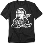 Black T-shirt featuring Ralphie from A Christmas Story with soap in his mouth and the phrase “Oh Fudge!” in bold white lettering