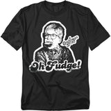 Black T-shirt featuring Ralphie from A Christmas Story with soap in his mouth and the phrase “Oh Fudge!” in bold white lettering