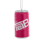 TAB soda can Christmas ornament in bright pink with condensation droplets.
