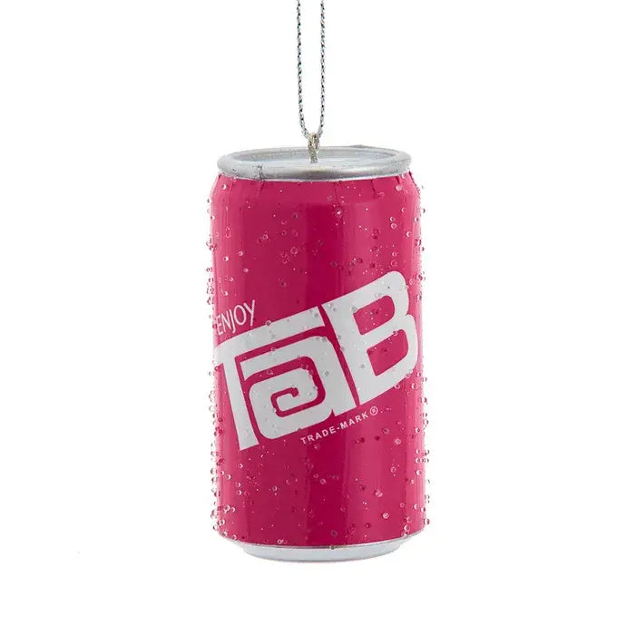 TAB soda can Christmas ornament in bright pink with condensation droplets.