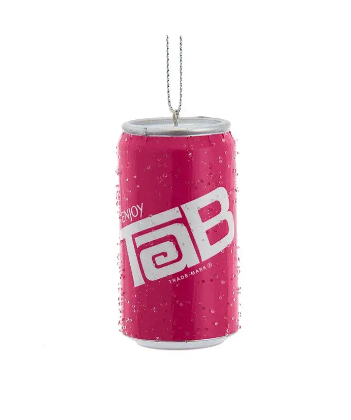 TAB soda can Christmas ornament in bright pink with condensation droplets.
