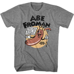 Heather gray T-shirt featuring a cartoon sausage character and the text “Abe Froman Sausage King of Chicago” from Ferris Bueller’s Day Off.