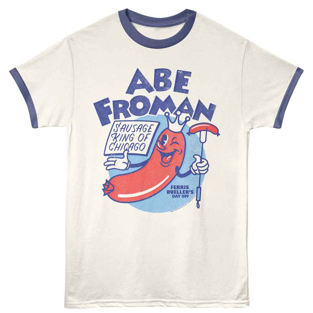 Officially licensed Abe Froman Sausage King of Chicago ringer t-shirt inspired by Ferris Bueller’s Day Off