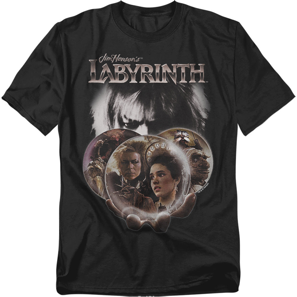 Black Jim Henson’s Labyrinth T-shirt featuring the Labyrinth logo and a crystal ball collage with the Goblin King, Sarah, and supporting characters.