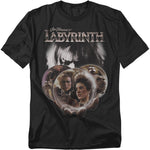 Black Jim Henson’s Labyrinth T-shirt featuring the Labyrinth logo and a crystal ball collage with the Goblin King, Sarah, and supporting characters.