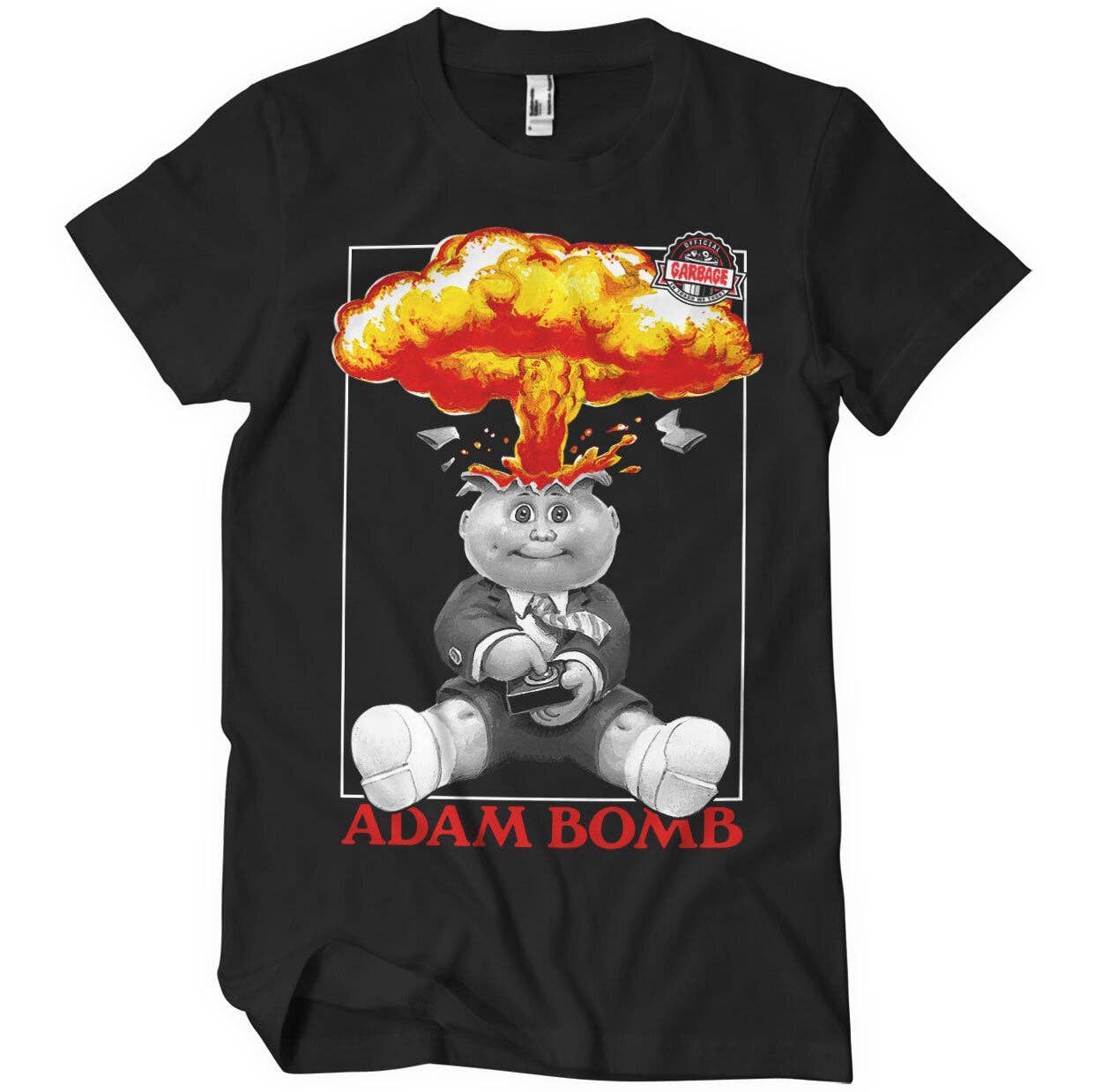Black t-shirt with 'Adam Bomb' graphic design featuring a cartoon character with an atomic explosion on its head.