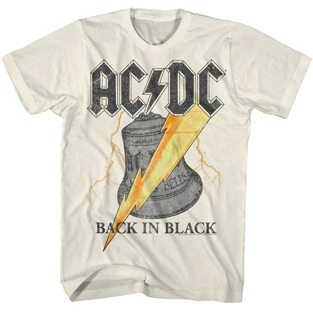 Vintage-style AC/DC Back in Black T-shirt featuring a distressed ringing bell graphic with a bold yellow lightning bolt.