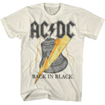 Vintage-style AC/DC Back in Black T-shirt featuring a distressed ringing bell graphic with a bold yellow lightning bolt.