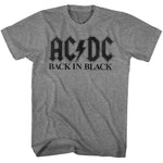 Heather gray T-shirt featuring the classic AC/DC “Back in Black” logo in bold black lettering.