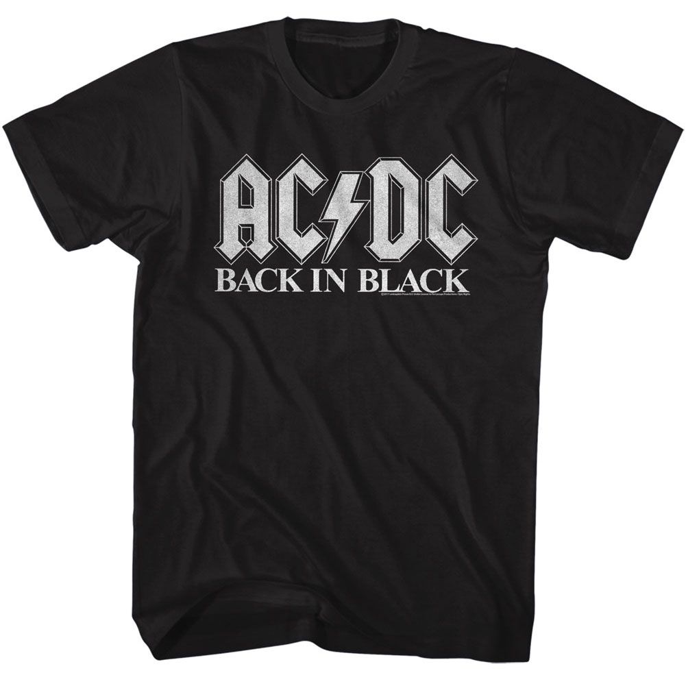 Black T-shirt featuring the classic AC/DC logo with “Back in Black” text in bold white lettering.