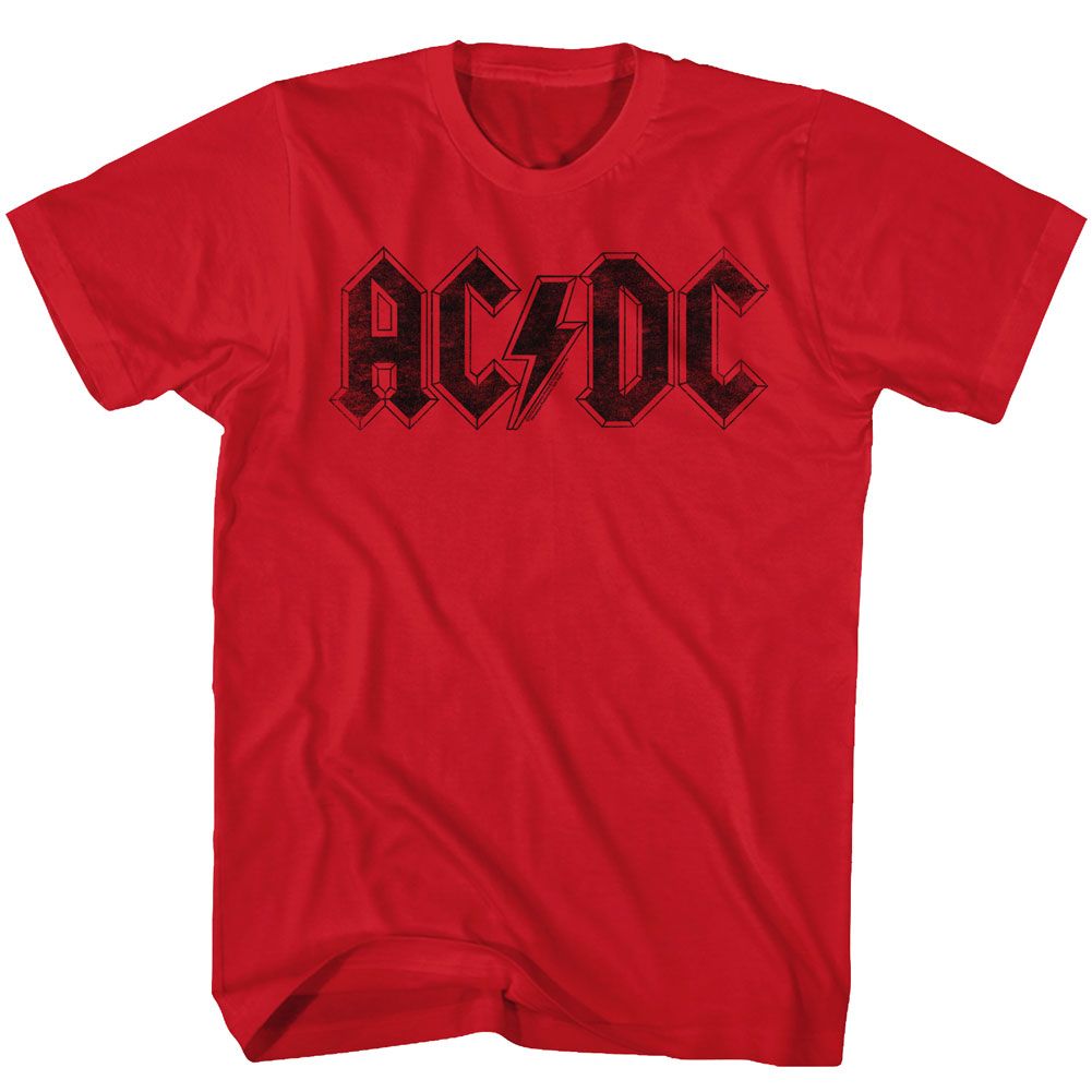 Red T-shirt featuring the classic black AC/DC logo in a distressed, vintage style.
