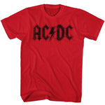 Red T-shirt featuring the classic black AC/DC logo in a distressed, vintage style.