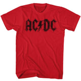 Red T-shirt featuring the classic black AC/DC logo in a distressed, vintage style.