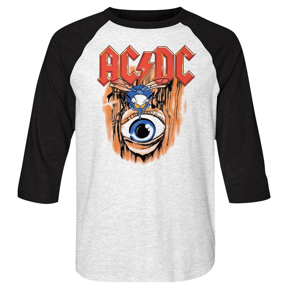 White and black raglan shirt featuring AC/DC’s logo with the cartoon “fly” character and eye graphic inspired by the Fly on the Wall album artwork.