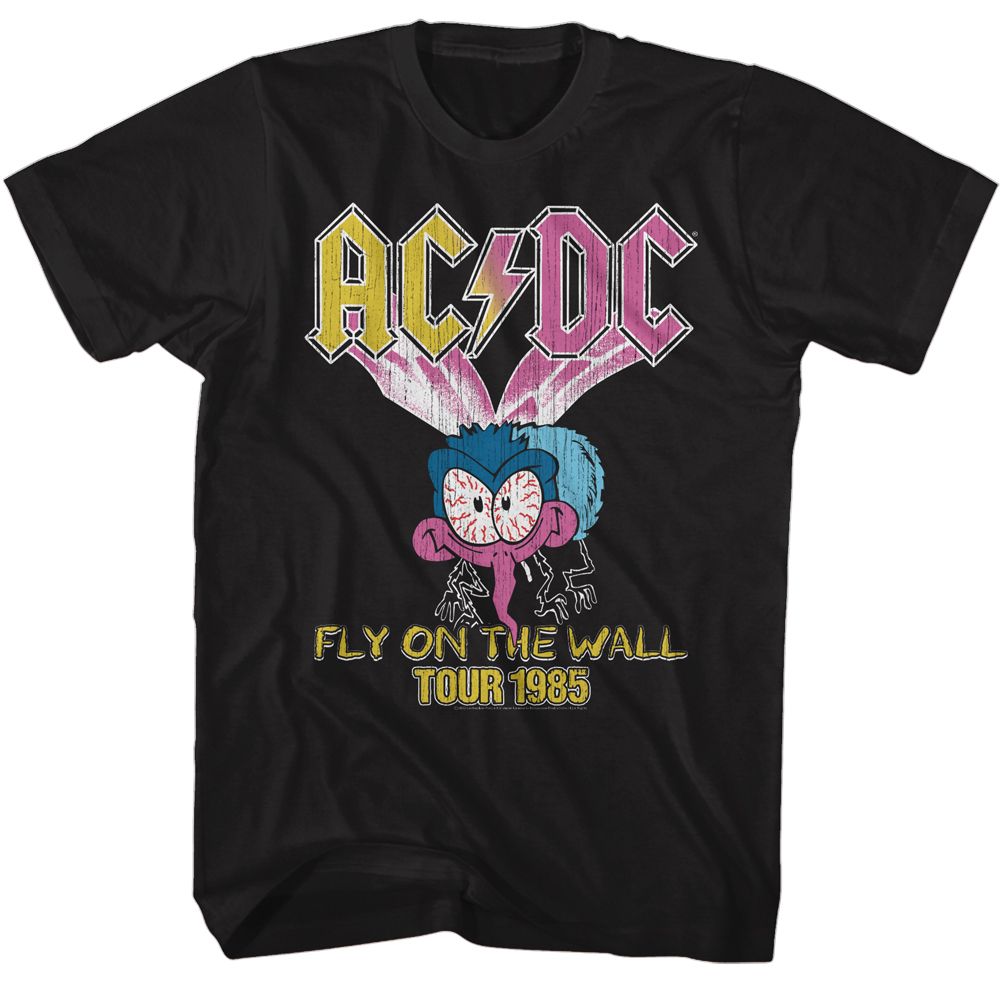 Black T-shirt featuring a colorful cartoon fly graphic with the AC/DC logo and “Fly on the Wall Tour 1985” text.