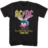 Black T-shirt featuring a colorful cartoon fly graphic with the AC/DC logo and “Fly on the Wall Tour 1985” text.