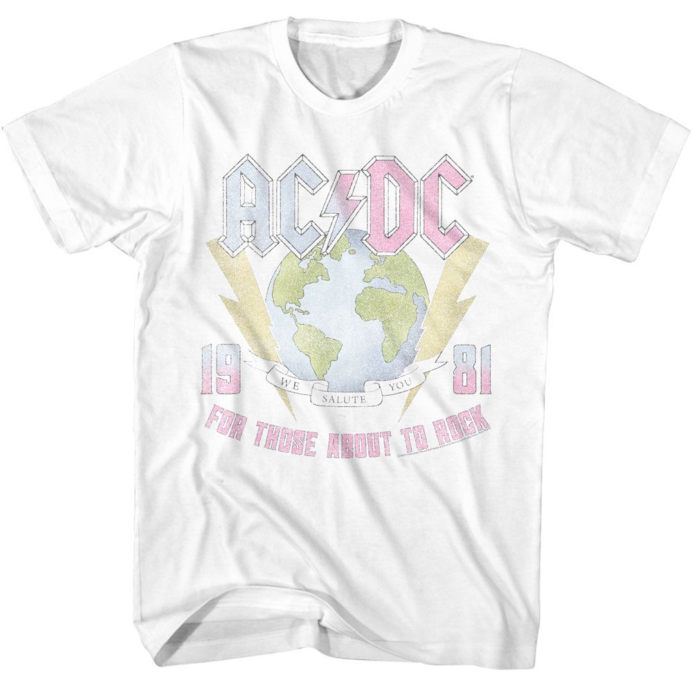 White T-shirt featuring a pastel-colored AC/DC design with a globe, lightning bolts, and “For Those About to Rock 1981” text.