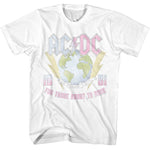 White T-shirt featuring a pastel-colored AC/DC design with a globe, lightning bolts, and “For Those About to Rock 1981” text.