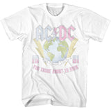 White T-shirt featuring a pastel-colored AC/DC design with a globe, lightning bolts, and “For Those About to Rock 1981” text.