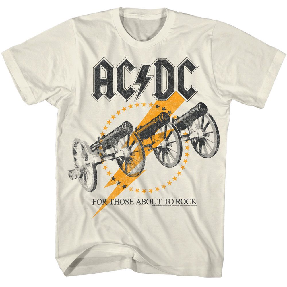 Vintage-style AC/DC T-shirt featuring three distressed cannons over a lightning bolt from the For Those About to Rock era.