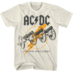 Vintage-style AC/DC T-shirt featuring three distressed cannons over a lightning bolt from the For Those About to Rock era.