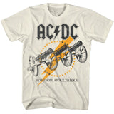 Vintage-style AC/DC T-shirt featuring three distressed cannons over a lightning bolt from the For Those About to Rock era.