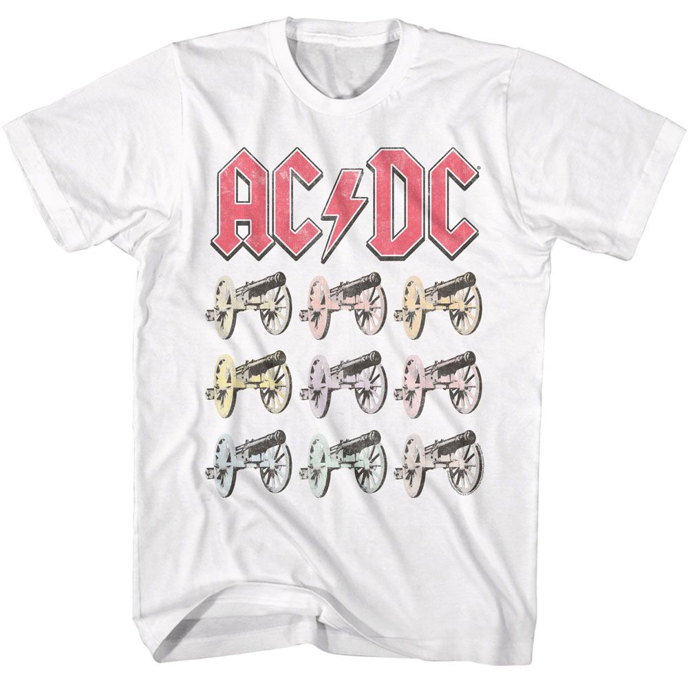 White T-shirt featuring the AC/DC logo in red above a grid of multicolor cannon illustrations inspired by For Those About to Rock.