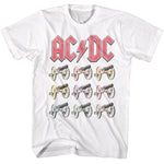 White T-shirt featuring the AC/DC logo in red above a grid of multicolor cannon illustrations inspired by For Those About to Rock.