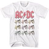 White T-shirt featuring the AC/DC logo in red above a grid of multicolor cannon illustrations inspired by For Those About to Rock.