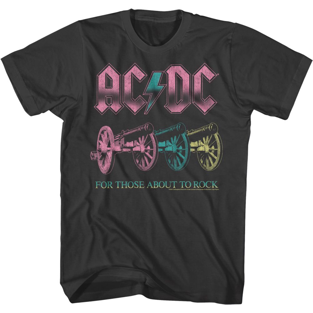 Black ACDC T-shirt featuring a retro pastel design with three cannons and the text “For Those About to Rock.”